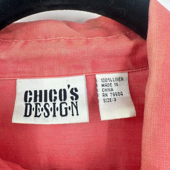 Vintage Chico’s 100% Linen Pink Bombay Button Down Shirt Size XL Roll Tab - Picture 3 of 8